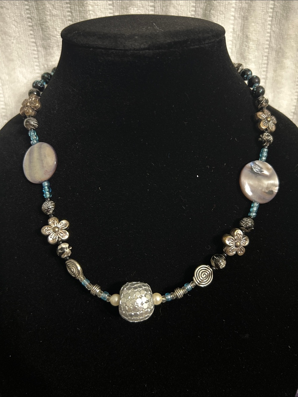 Handcrafted Silver & Blue Beaded Floral Necklace - Women Jewelry